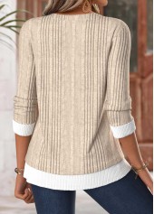 Light Camel tops,Contrast Color tops,ROTITA Tummy Coverage Light Camel Split Neck T Shirt