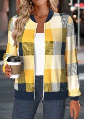 Multi Color tops,Plaid tops,Geometric tops,ROTITA Tummy Coverage Plaid Multi Color Stand Collar Jacket