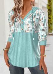 Mint Green tops,Geometric tops,ROTITA Tummy Coverage Geometric Print Mint Green Long Sleeve Hoodie