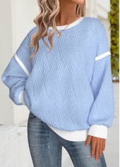 Light Blue tops,Contrast Color tops,ROTITA Tummy Coverage Light Blue Round Neck Long Sleeve Sweatshirt