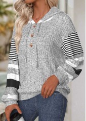 Light Grey tops,Striped tops,Geometric tops,ROTITA Tummy Coverage Striped Light Grey Long Sleeve Hoodie