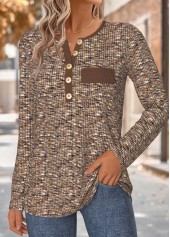 Dark Coffee tops,Plain Color tops,ROTITA Tummy Coverage Dark Coffee Split Neck T Shirt