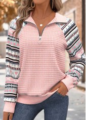 ROTITA Tummy Coverage Geometric Print Light Pink Long Sleeve Sweatshirt