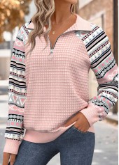 Light Pink tops,Geometric tops,ROTITA Tummy Coverage Geometric Print Light Pink Long Sleeve Sweatshirt