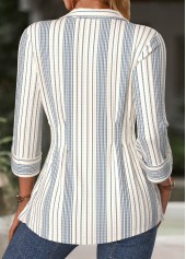 Beige tops,Striped tops,Geometric tops,ROTITA Tummy Control Striped Beige Turn Down Collar Blouse