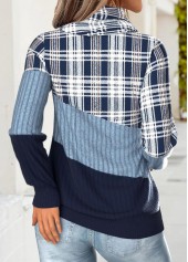 Blue tops,Plaid tops,Geometric tops,ROTITA Tummy Coverage Plaid Blue Cowl Neck Long Sleeve Sweatshirt