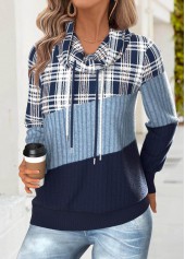 Blue tops,Plaid tops,Geometric tops,ROTITA Tummy Coverage Plaid Blue Cowl Neck Long Sleeve Sweatshirt