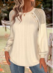 Beige tops,Plain Color tops,ROTITA Tummy Coverage Beige Round Neck Long Sleeve Sweatshirt