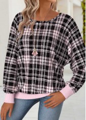Light Pink tops,Plaid tops,Geometric tops,ROTITA Tummy Coverage Plaid Light Pink Round Neck T Shirt