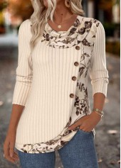 Rotita – T-Shirt mit Bauchbedeckung und Blumenmuster in Beige mit drapiertem Hals