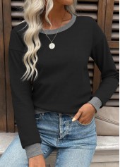 Black tops,Contrast Color tops,ROTITA Tummy Coverage Black Round Neck Long Sleeve Sweatshirt