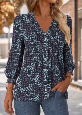 Navy tops,Floral tops,Plants tops,ROTITA Frill Floral Print Navy V Neck Long Sleeve Blouse
