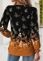Black tops,Plants tops,ROTITA Tummy Coverage Leaf Print Black V Neck Blouse