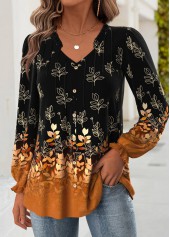 Black tops,Plants tops,ROTITA Tummy Coverage Leaf Print Black V Neck Blouse