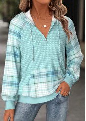 Mint Green tops,Plaid tops,Geometric tops,ROTITA Tummy Coverage Plaid Mint Green Long Sleeve Hoodie