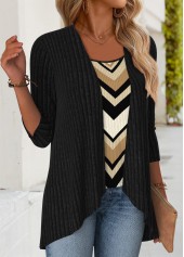 Black tops,Geometric tops,ROTITA Tummy Coverage Geometric Print Black Fake Two Piece Twinset