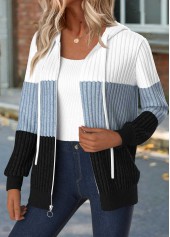 Dusty Blue tops,Contrast Color tops,ROTITA Tummy Coverage Dusty Blue Hooded Long Sleeve T Shirt