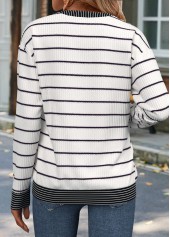 Raw white tops,Striped tops,Geometric tops,ROTITA Patchwork Striped Raw White Round Neck Long Sleeve Sweatshirt