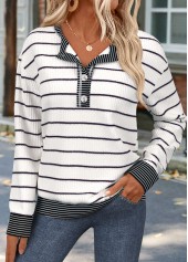 Raw white tops,Striped tops,Geometric tops,ROTITA Patchwork Striped Raw White Round Neck Long Sleeve Sweatshirt