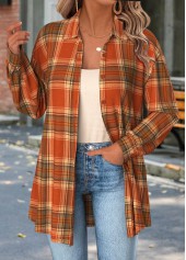 Orange tops,Plaid tops,Geometric tops,ROTITA Tummy Coverage Plaid Orange Long Sleeve Shirt
