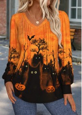 Orange tops,Halloween tops,ROTITA Halloween Tuck Stitch Orange V Neck T Shirt
