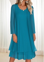 Turquoise dresses,Plain Color dresses,Everyday dresses,Casual dresses,ROTITA Tummy Coverage Turquoise Round Neck Dress and Cardigan