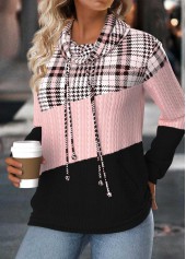 ROTITA Tummy Coverage Plaid Light Pink Cowl Neck Sweatshirt