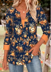 Rotita – T-Shirt mit Bauchbedeckung und Kürbis-Print in Marineblau mit geschlitztem Halsausschnitt