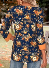 Navy tops,Halloween tops,ROTITA Tummy Coverage Pumpkin Print Navy Split Neck T Shirt