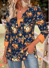 Navy tops,Halloween tops,ROTITA Tummy Coverage Pumpkin Print Navy Split Neck T Shirt