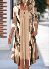 Light Coffee dresses,Graphic dresses,Everyday dresses,Casual dresses,ROTITA Tummy Coverage Graffiti Print Light Coffee Heart Collar Dress