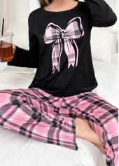 haut et pantalon lounge à col rond noir à carreaux