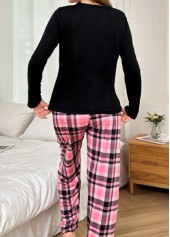 Black loungewear,Plaid loungewear,Geometric loungewear,Plaid Black Round Neck Lounge Top and Pants
