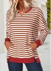 Red tops,Striped tops,Geometric tops,ROTITA Tummy Coverage Striped Red Round Neck Long Sleeve Sweatshirt