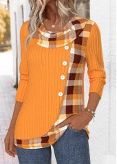 Neon Orange tops,Plaid tops,Geometric tops,ROTITA Tummy Coverage Plaid Neon Orange Draped Neck T Shirt