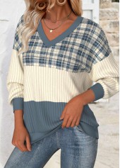 Multi Color tops,Plaid tops,Geometric tops,ROTITA Tummy Coverage Plaid Multi Color V Neck Sweatshirt