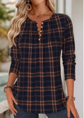 ROTITA Tuck Stitch Plaid Navy Split Neck Long Sleeve Blouse