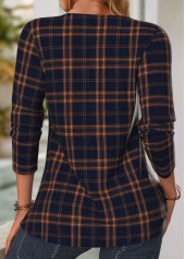 Navy tops,Plaid tops,Geometric tops,ROTITA Tuck Stitch Plaid Navy Split Neck Long Sleeve Blouse