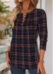Navy tops,Plaid tops,Geometric tops,ROTITA Tuck Stitch Plaid Navy Split Neck Long Sleeve Blouse