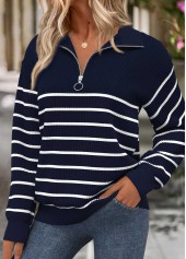 Navy tops,Striped tops,Geometric tops,ROTITA Tummy Coverage Striped Navy Turn Down Collar Sweatshirt