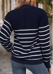 Navy tops,Striped tops,Geometric tops,ROTITA Tummy Coverage Striped Navy Turn Down Collar Sweatshirt