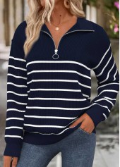 ROTITA Tummy Coverage Striped Navy Turn Down Collar Sweatshirt
