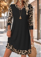 Black dresses,Leopard dresses,Animal Print dresses,Everyday dresses,Casual dresses,ROTITA Tummy Coverage Leopard Black Short Split Neck Dress