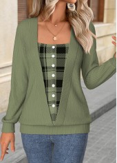 ROTITA Tummy Coverage Plaid Sage Green Long Sleeve T Shirt