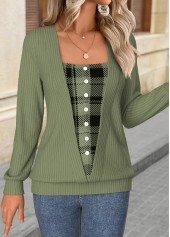 Sage Green tops,Plaid tops,Geometric tops,ROTITA Tummy Coverage Plaid Sage Green Long Sleeve T Shirt