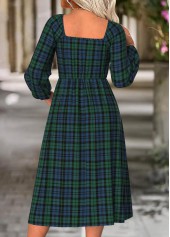 Green dresses,Plaid dresses,Geometric dresses,Everyday dresses,Casual dresses,ROTITA Tummy Coverage Plaid Green Square Neck Long Sleeve Dress