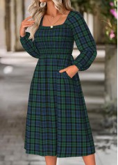 Green dresses,Plaid dresses,Geometric dresses,Everyday dresses,Casual dresses,ROTITA Tummy Coverage Plaid Green Square Neck Long Sleeve Dress