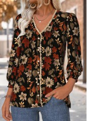 Black tops,Floral tops,Plants tops,ROTITA Tummy Coverage Floral Print Black V Neck Blouse