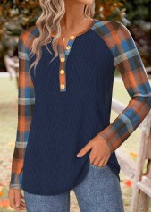 Navy tops,Plaid tops,Geometric tops,ROTITA Tummy Coverage Plaid Navy Round Neck T Shirt