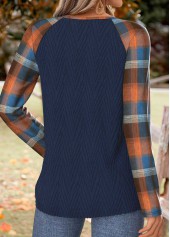 Navy tops,Plaid tops,Geometric tops,ROTITA Tummy Coverage Plaid Navy Round Neck T Shirt